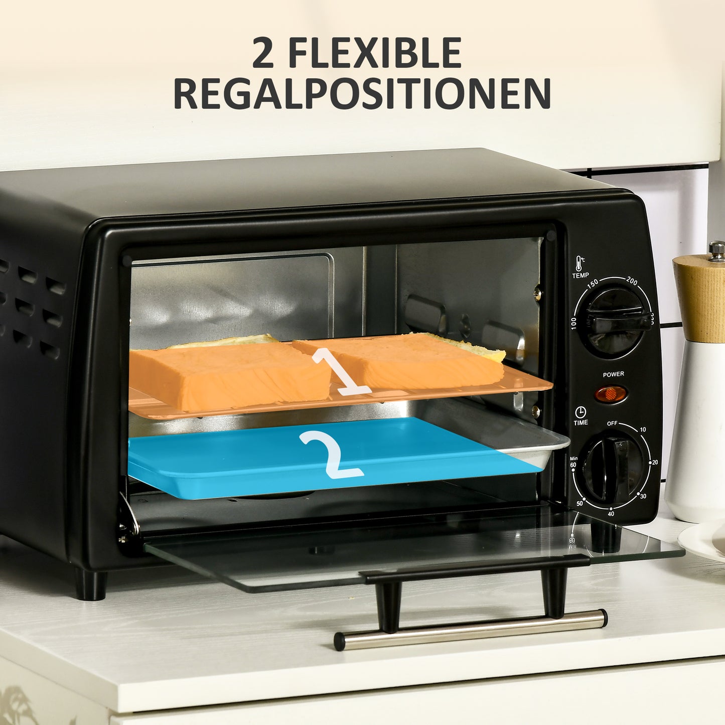HOMCOM Mini-Ofen Toasterofen, 1 Backblech, 1 Grilrost, 10 L Kapazität, Timer-Funktion, 36.5 cm x 26 cm x 22 cm, Schwarz