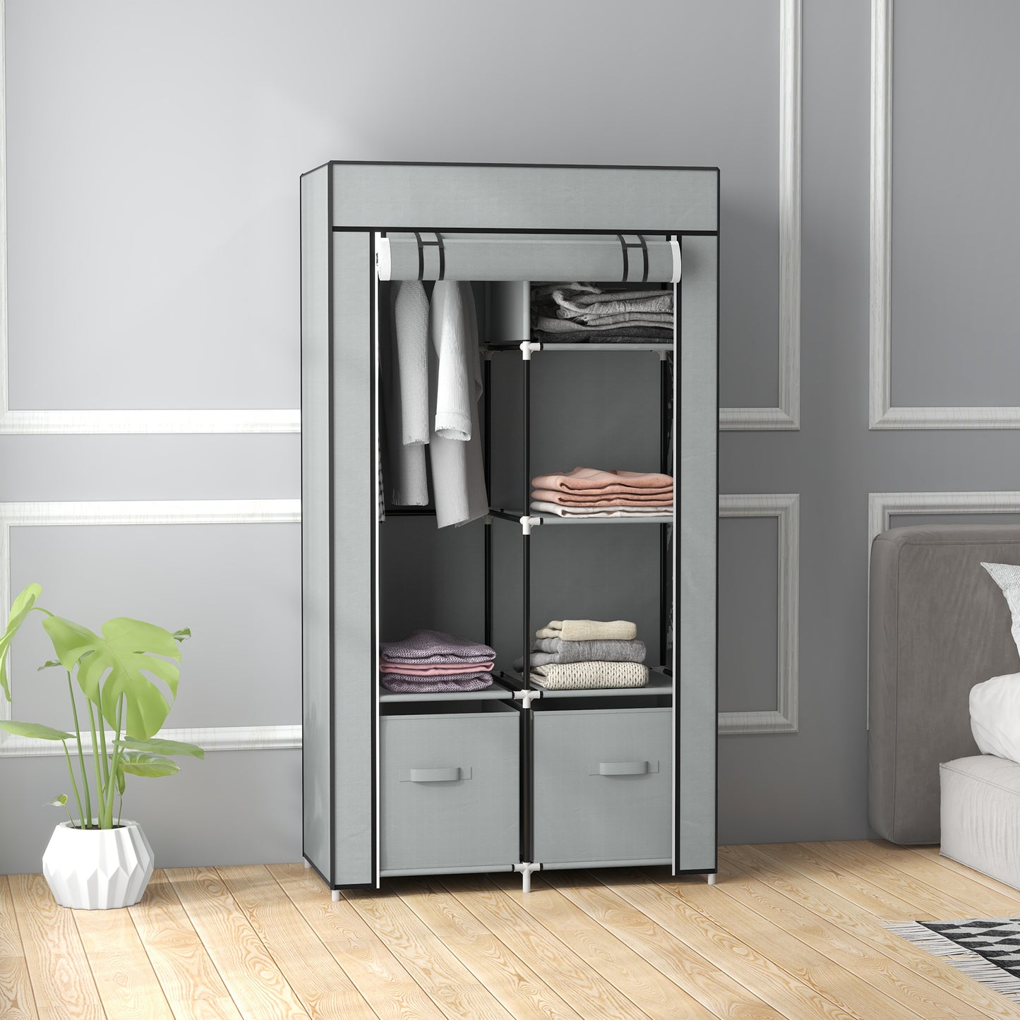 HOMCOM Kleiderschrank Stoffschrank 1 Kleiderstange, 2 Schubladen, 83 x 42.5 x 162,5 cm, Grau
