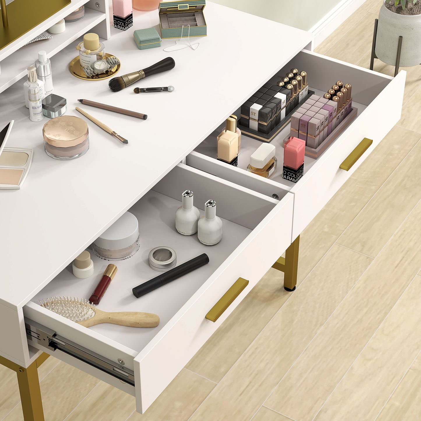 HOMCOM Kosmetiktisch mit 360° Spiegel, LED-Beleuchtung, 2 Schubladen, Weiß/Gold