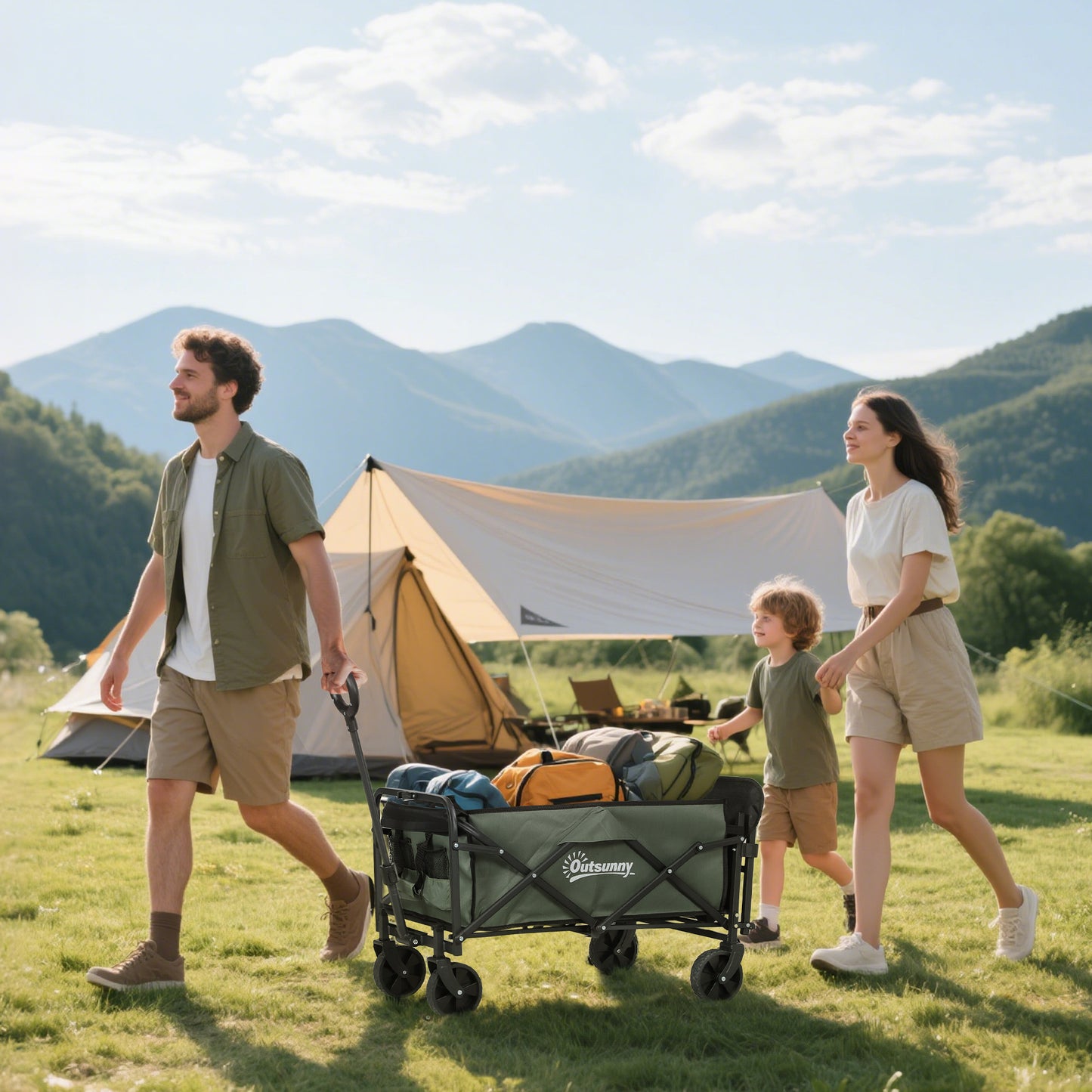 Outsunny Gartenwagen 90 kg belastbar, klappbar Transportwagen mit herausnehmbare Plane, Griff, Rädern 72 Liter Grün
