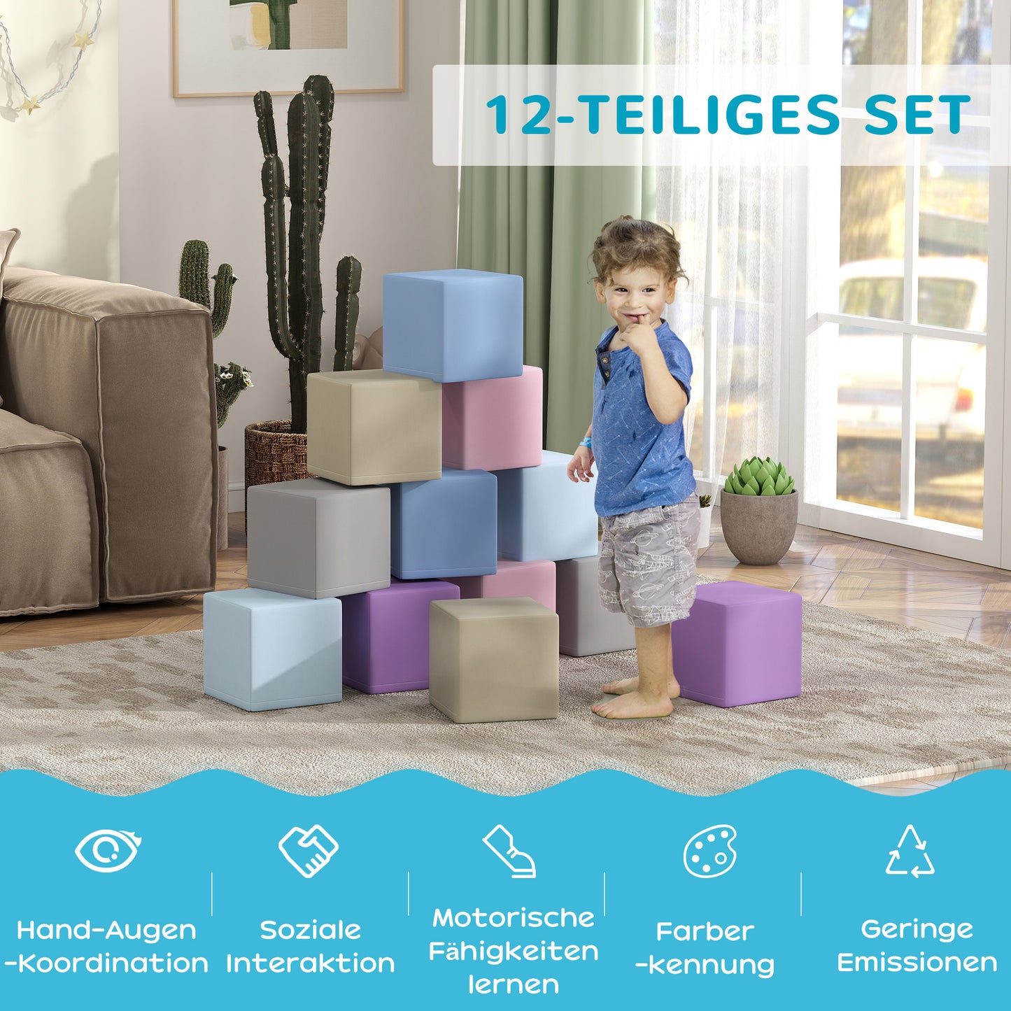 HOMCOM Softbausteine, 12 Würfel á 20 x 20 x 20 cm, pflegeleicht, kindersicher, für 1-3 Jahre, Kunstleder