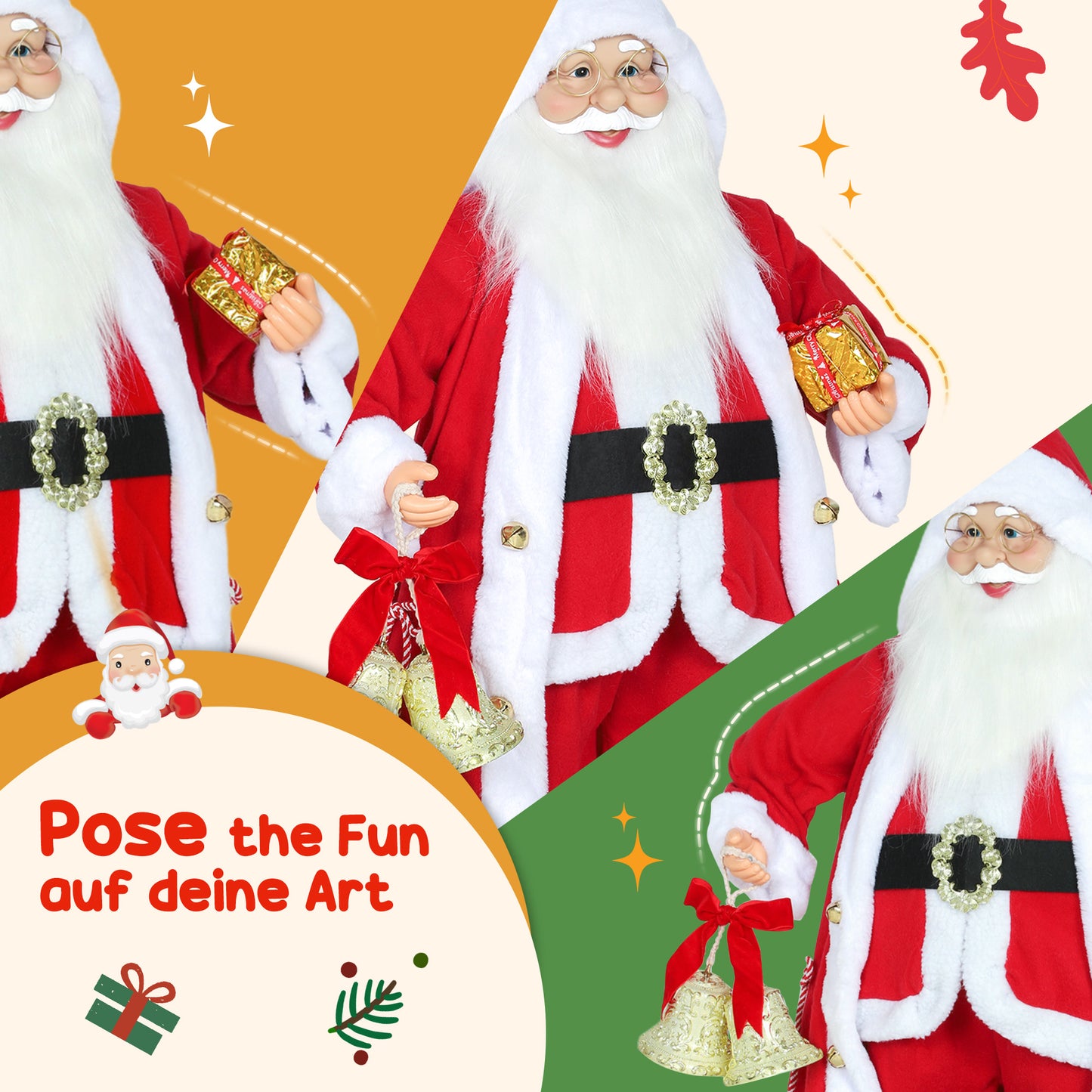 HOMCOM Weihnachtsmann 1,15 m stehende Weihnachtsmann mit Geschenk- und Weihnachtsglock Indoor, Rot