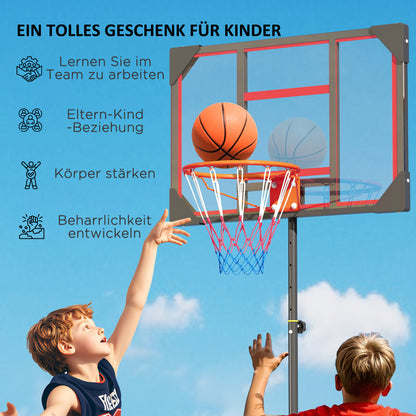 AIYAPLAY Kinder-Basketballkorb, Outdoor-Basketballkorb für Kinder, 210-260 cm höhenverstellbar, mit Rädern, ab 6 Jahren, Rot