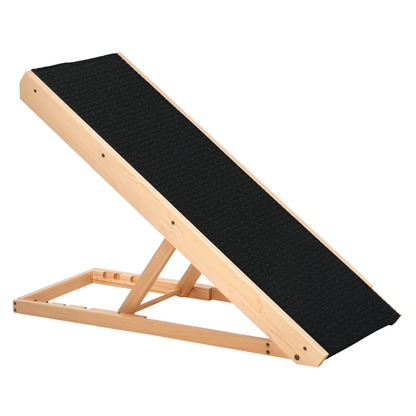 PawHut Haustierrampe mit rutschfestem Teppich verstellbarer Haustierleiter Hunderampe für großen Hund Kiefernholz Polyester Schwarz+Naturholz 90B x 40T x 61H cm