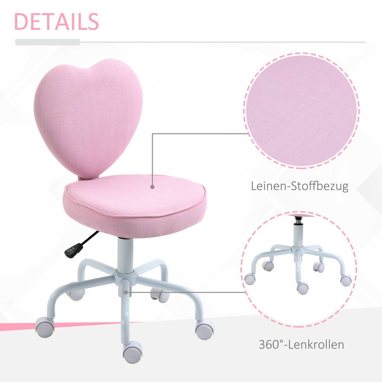 HOMCOM Drehstuhl, niedliches Herz-Design, höhenverstellbar, Stoffbezug in Leinenoptik, rosa, 42 x 50 x 79-89 cm