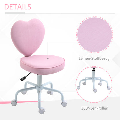 HOMCOM Drehstuhl, niedliches Herz-Design, höhenverstellbar, Stoffbezug in Leinenoptik, rosa, 42 x 50 x 79-89 cm