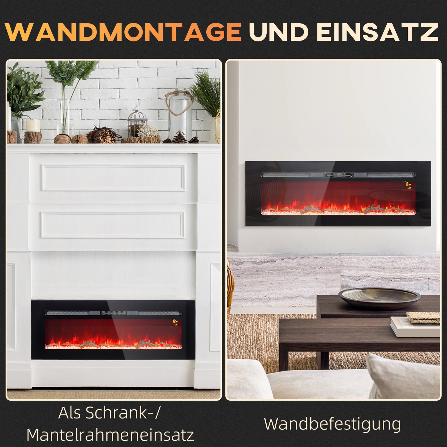 HOMCOM Elektrischer Kamin mit Wandhalterung und Fernbedienung, künstliche Holzscheite und Kristalle, 1800W Leistung, Schwarz
