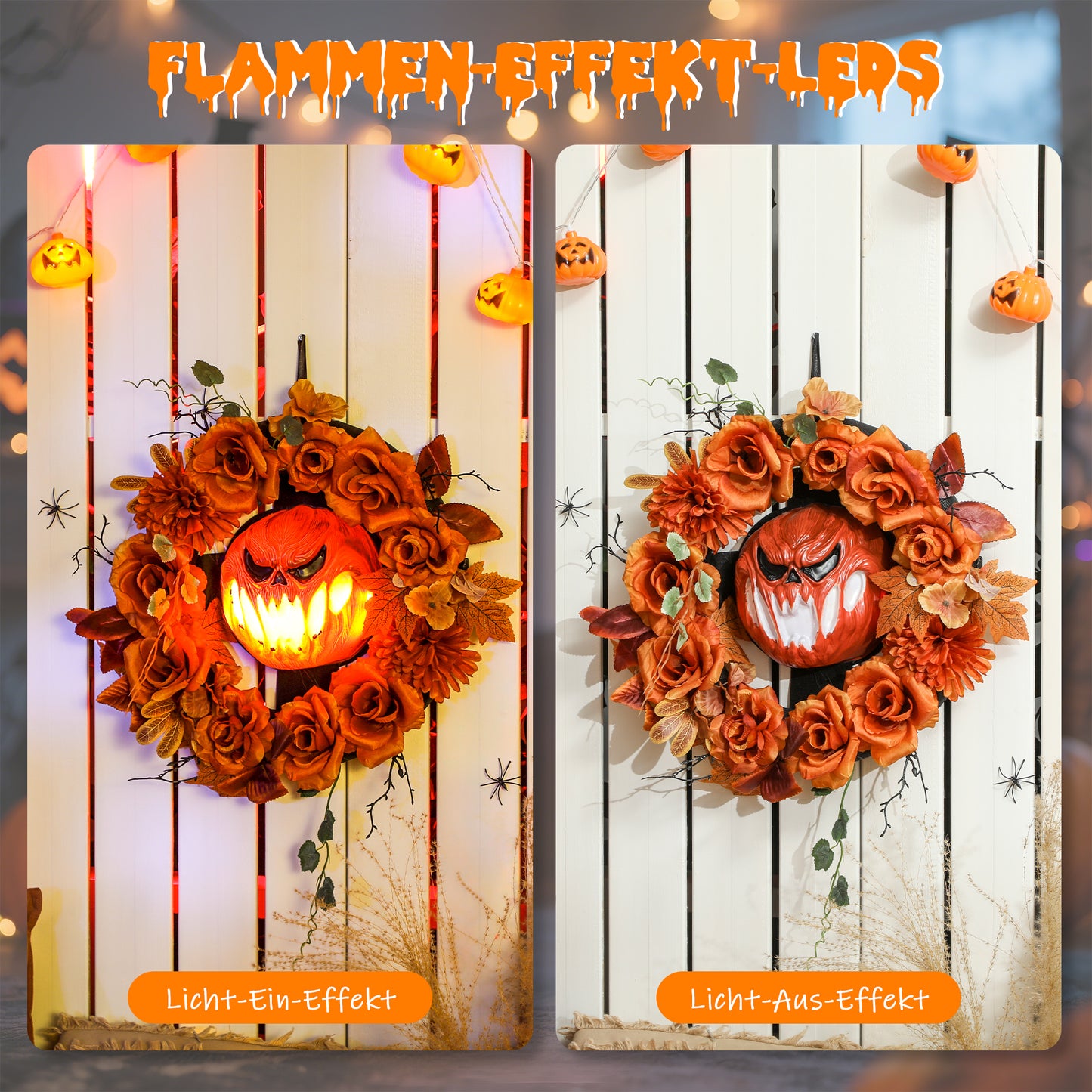 Outsunny Halloween-Kranz, Grusel-Kürbis-Design, Herbstblätter, Lichteffekte, Kunststoff