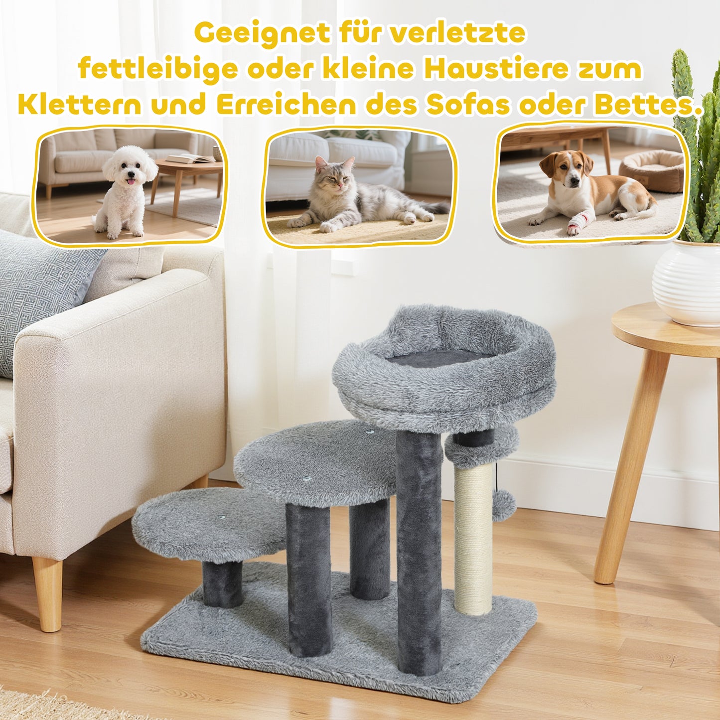 PawHut Kratzbaum und Katzentreppe, breite Basis, Plüschstoff, Sisalkratzsäule, Grau