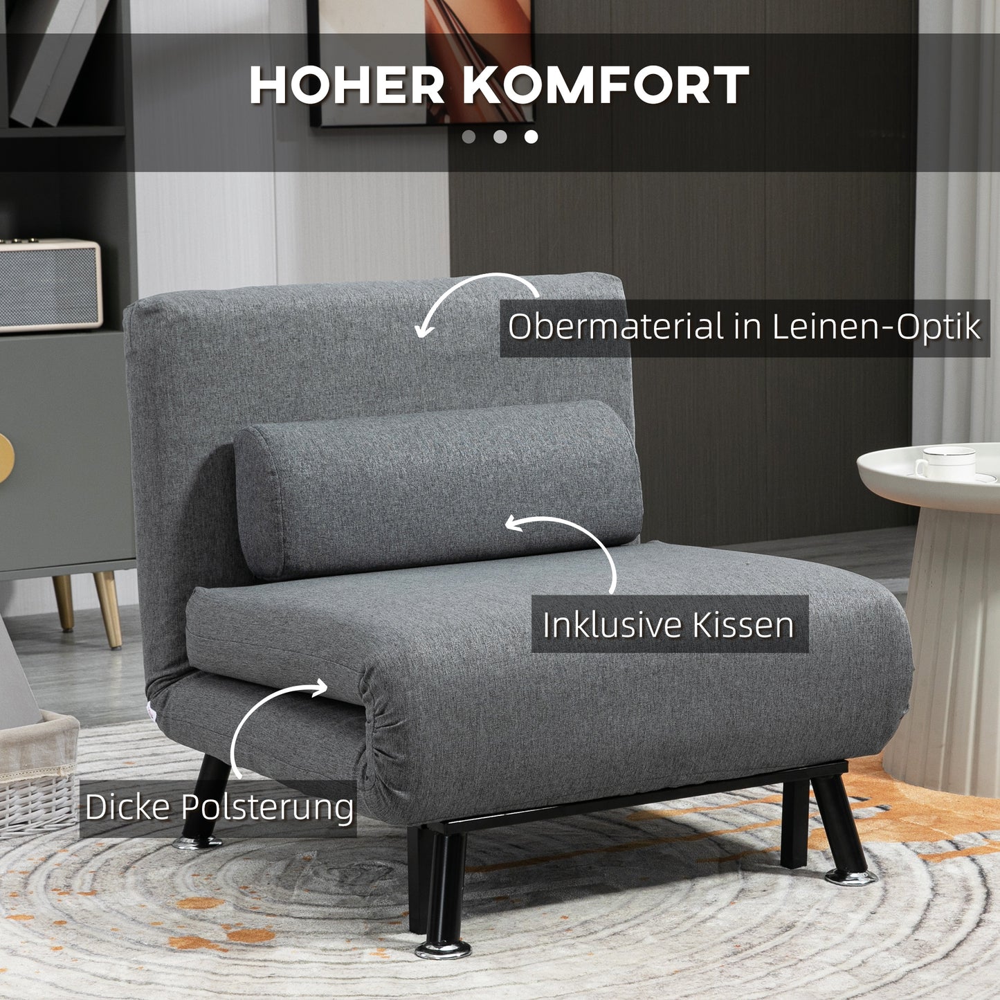 HOMCOM Klappsessel mit Bettfunktion, klappbarer Relaxsessel in Leinenoptik, Verstellbare Rückenlehne, 75 x 70 x 75 cm, Dunkelgrau