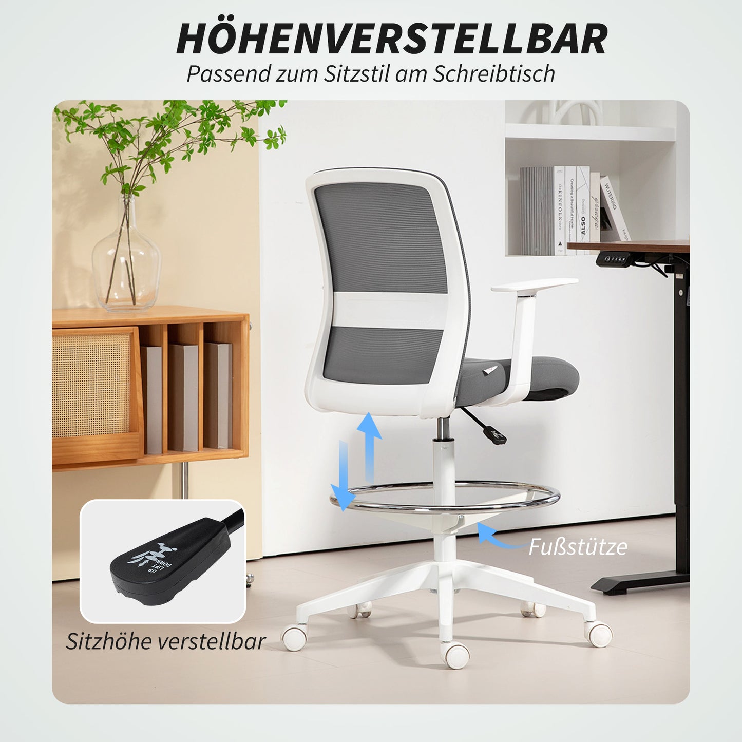 HOMCOM Schreibtischstuhl, drehbar, rollbar, Netzrücken, Schaumstoffkissen, Grau