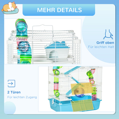 PawHut Kleintierkäfig Kleintierstall mit Rampe und Laufrad 5-Ebenen Käfig Nagerkäfig kleine Haustiere Futternapf Trinkflasche Stahldraht Kunststoff PS Hellblau+Weiß 59 x 36 x 69 cm