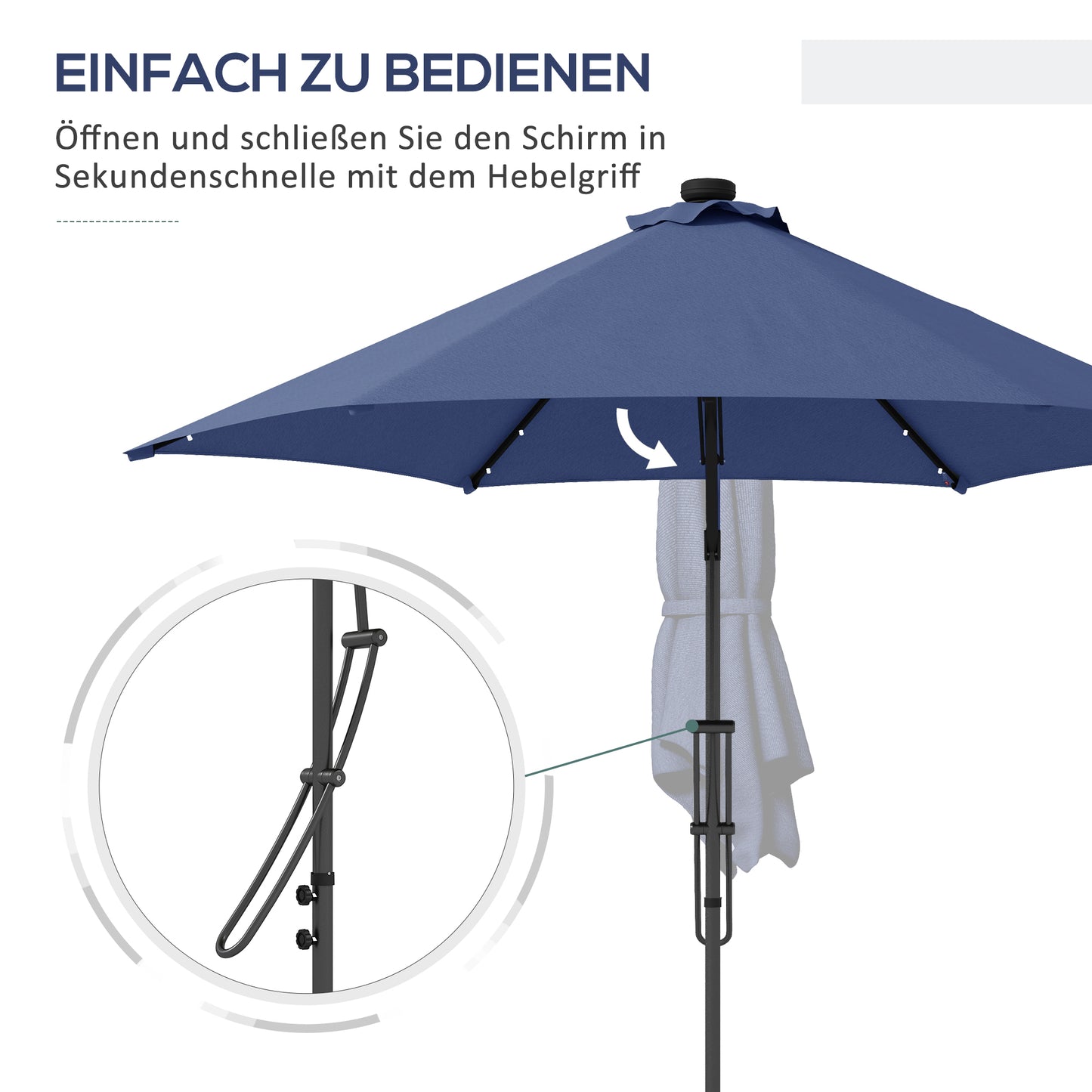 Outsunny Gartenschirm, Ampelschirm, LEDs, Solarmodul, wetterfest, inkl. Schutzhülle, Ø290 x 260 cm, Dunkelblau