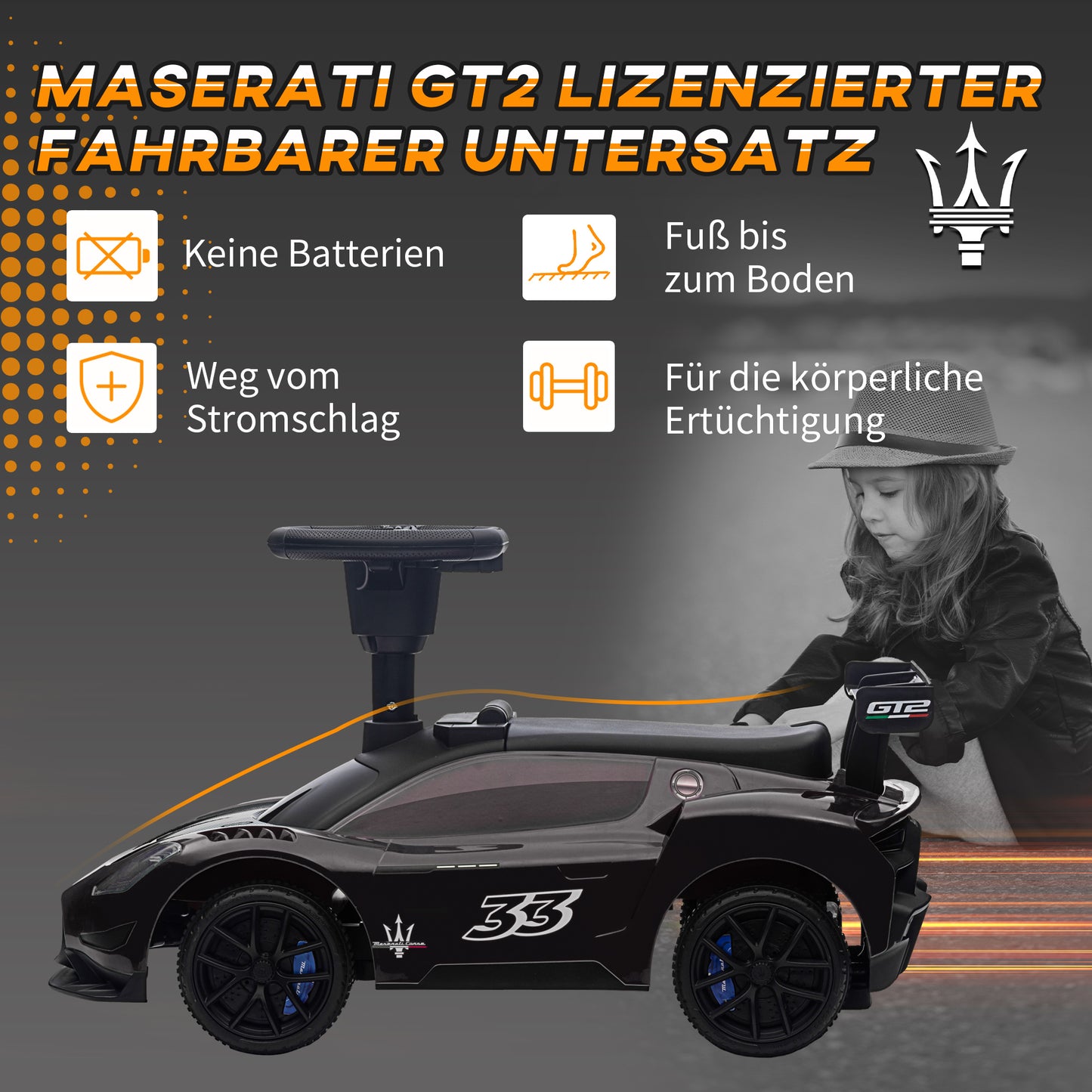 AIYAPLAY Rutschauto, Maserati, Stauraum, Hupe & Musik, Flüsterreifen, für 1,5 bis 5 Jahre, bis 25 kg, Schwarz