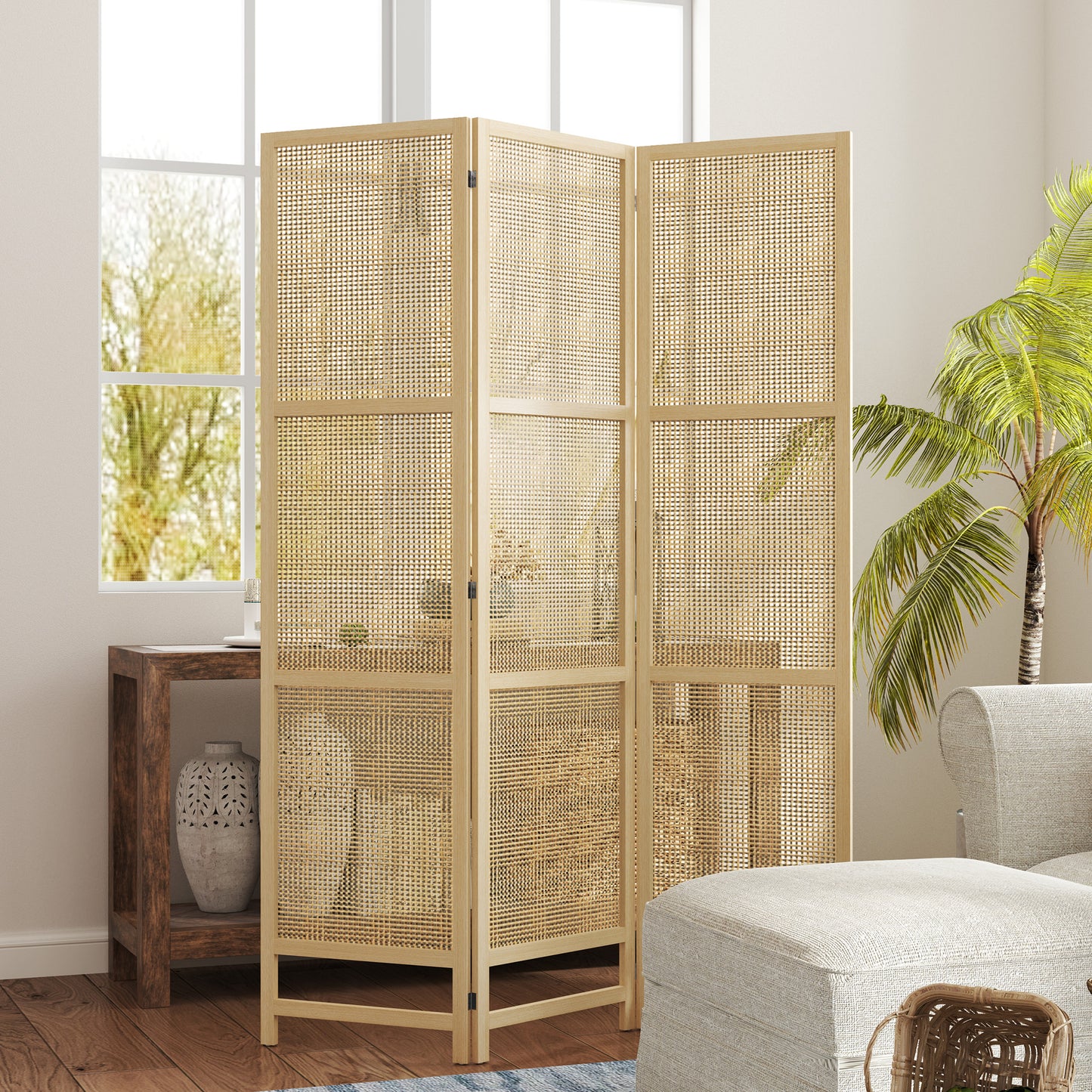HOMCOM 3-teiliger Raumteiler, 180 cm faltbarer Wandschirm, Freistehender Raumtrenner mit handgewebtem Design für Zuhause, Natur