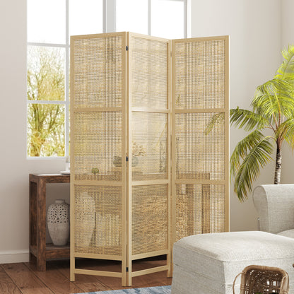 HOMCOM 3-teiliger Raumteiler, 180 cm faltbarer Wandschirm, Freistehender Raumtrenner mit handgewebtem Design für Zuhause, Natur
