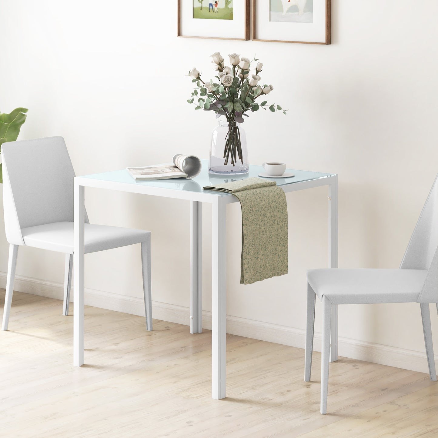 HOMCOM Quadratischer Esstisch für 4 Personen, Tischplatte aus Hartglas, für Küche und Esszimmer, 75 x 75 x 75 cm, Weiß