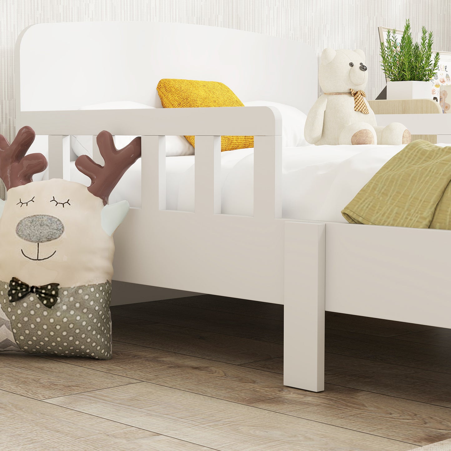 AIYAPLAY Kinderbett mit Sicherheitsschienen, Kleinkinderbett für Kinder im Alter von 3-8 Jahren, MDF, Weiß