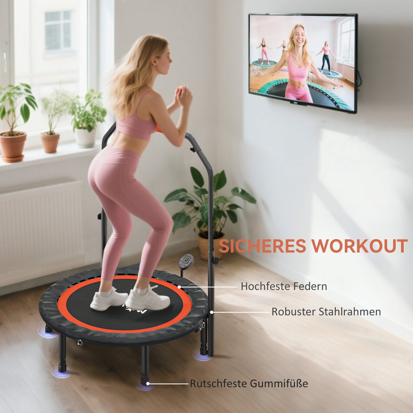 SPORTNOW Mini-Trampolin, mit höhenverstellbarem Haltegriff, LCD-Monitor, Stahl, schwarz+rot, Ø102 x 99-123cm