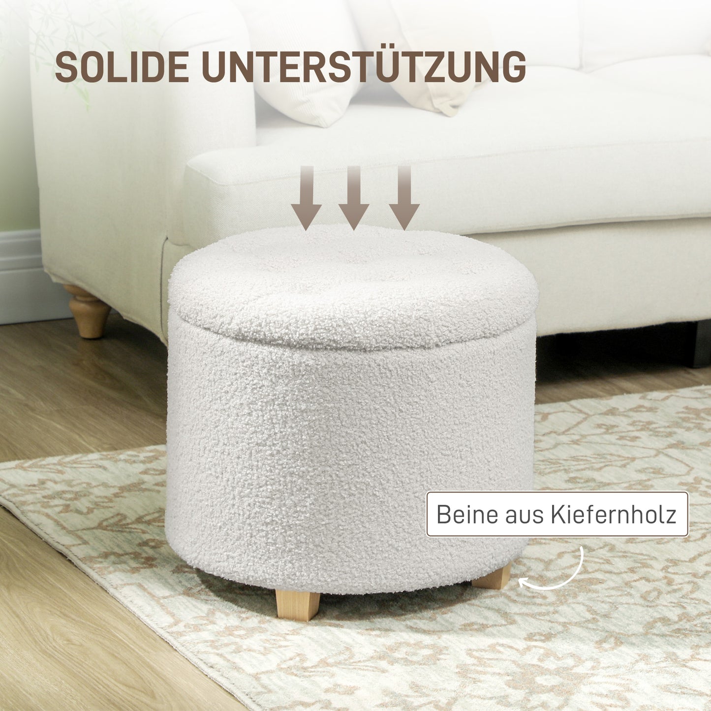 HOMCOM Sitzhocker mit Stauraum, Hocker mit Deckel, Runder Fußhocker, Aufbewahrungsbox, mit Holzbeinen, Weiß