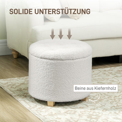 HOMCOM Sitzhocker mit Stauraum, Hocker mit Deckel, Runder Fußhocker, Aufbewahrungsbox, mit Holzbeinen, Weiß
