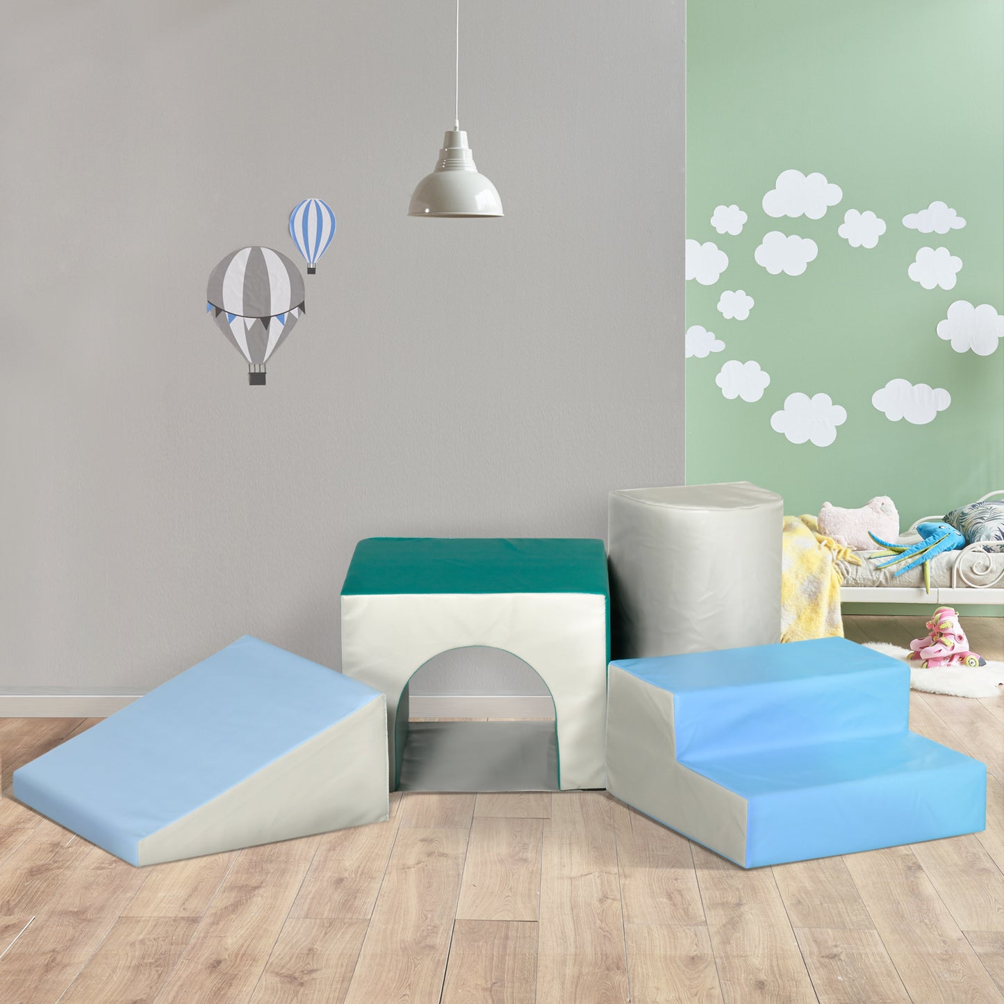 HOMCOM Bausteinset 4er-Set Schaumstoff Bausteine einfache Reinigung weiche Füllung Schaumstoffblöcke für 1-3 Jahre Kinder EPE Hellgrau+Blau+Grün 150 x 50 x 39 cm