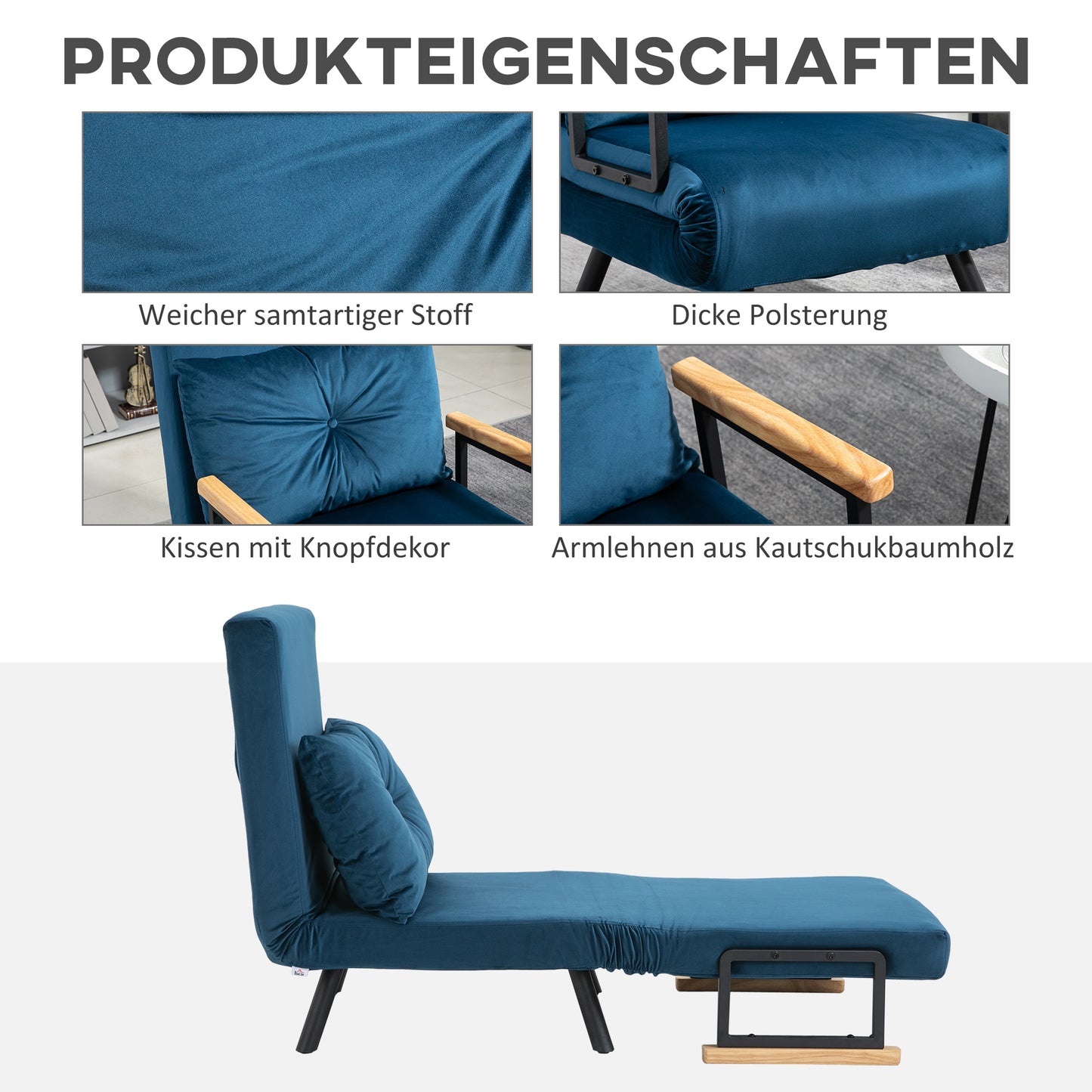 HOMCOM Relaxsessel im Skandidesign, Liegesessel, Lesesessel. ink. Kissen mit Knopfhefung, Schwarz + Natur