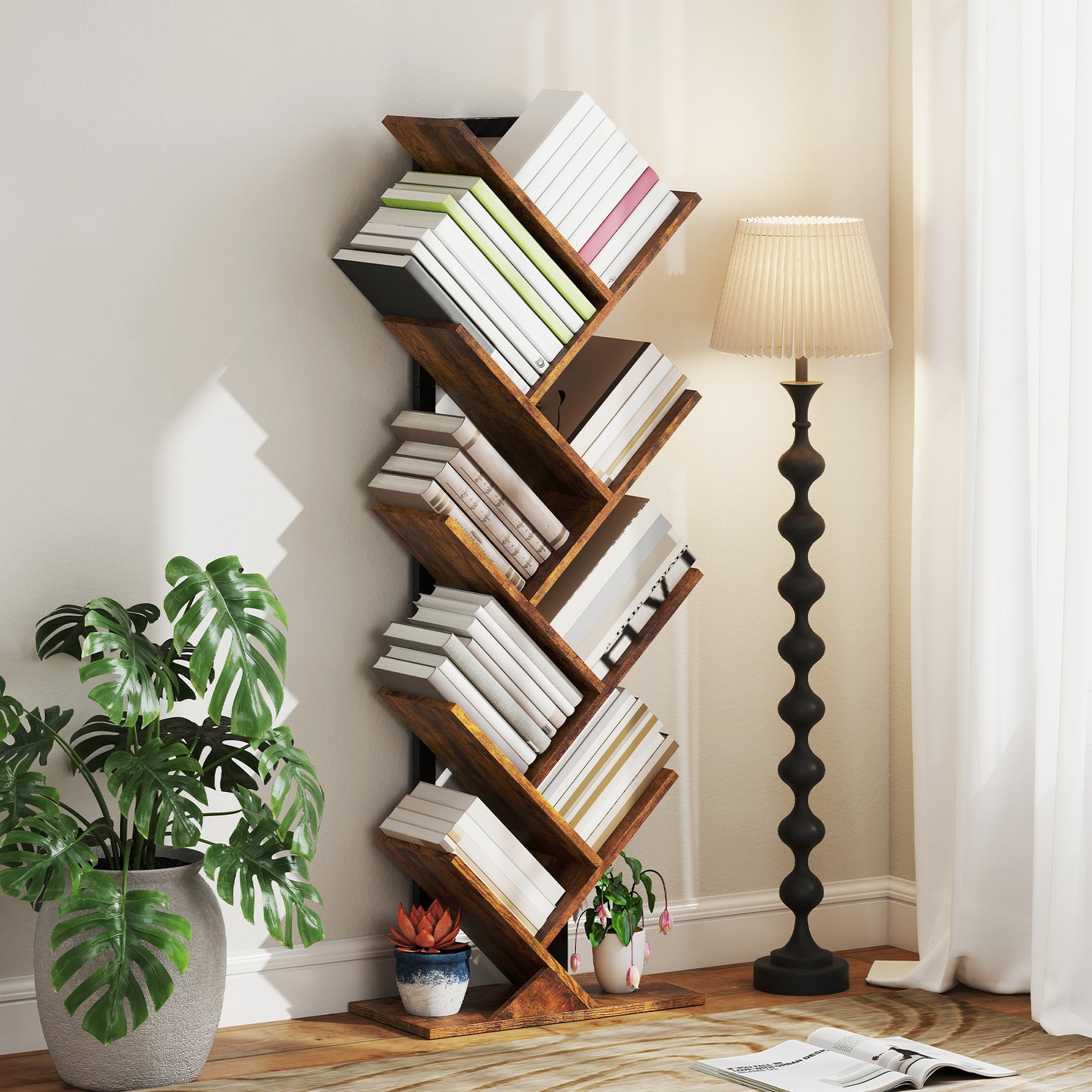 HOMCOM Bücherregal Standregal mit 9 Ebenen Schmal Regal im Baumform für Büro, Rustikal Braun
