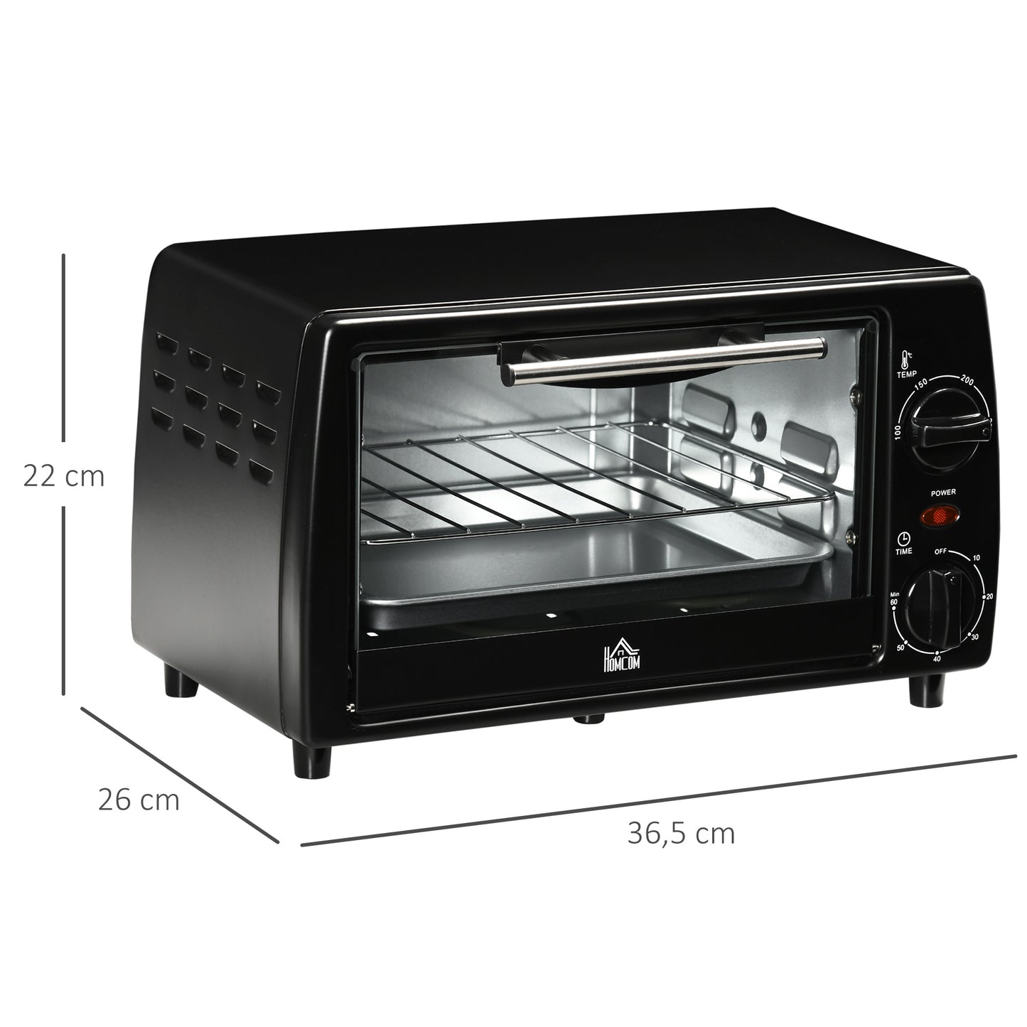 HOMCOM Mini-Ofen Toasterofen, 1 Backblech, 1 Grilrost, 10 L Kapazität, Timer-Funktion, 36.5 cm x 26 cm x 22 cm, Schwarz