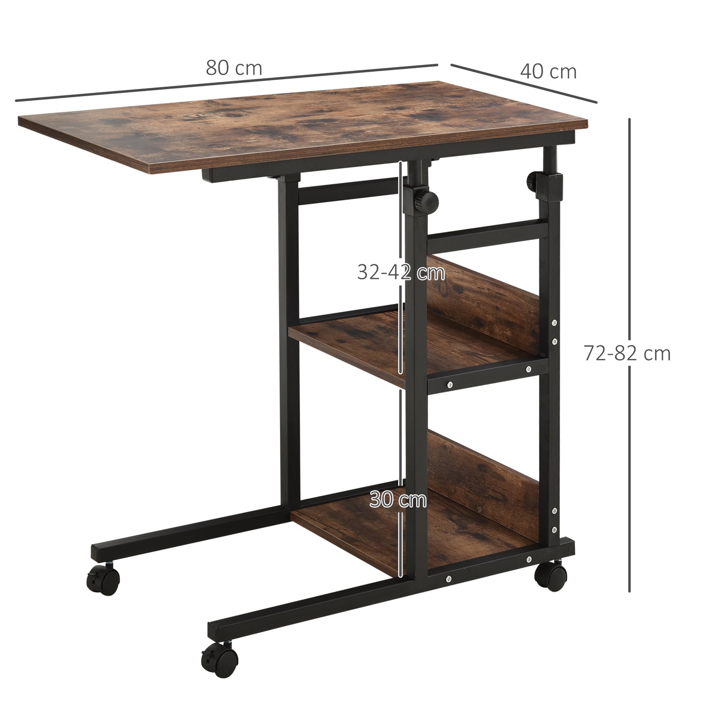 HOMCOM Beistelltisch mit Rollen, höhenverstellbar, kompakt, 2 Ablageböden, Metallrahmen, 80x40x72-82 cm, Braun/Schwarz