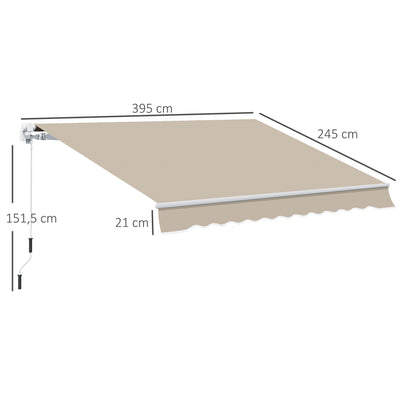 Outsunny Markise, Sonnenschutz, einfahrbar, mit Handkurbel, Metallrahmen, Polyester, Weiß+Beige, 3,95 x 2,45 m