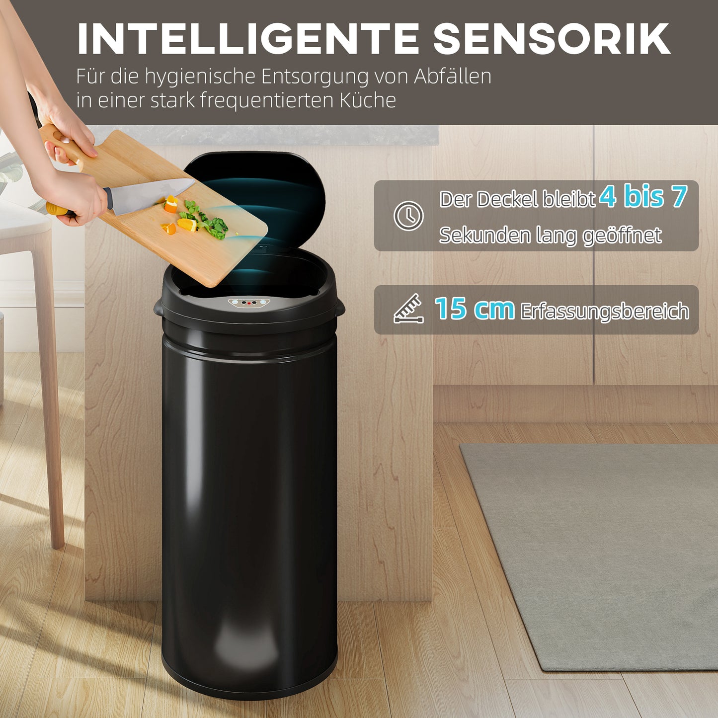 HOMCOM 42 Liter Sensor-Mülleimer mit Soft-Close-Funktion, berührungsfreier Abfalleimer aus Edelstahl für hygienische Küchen