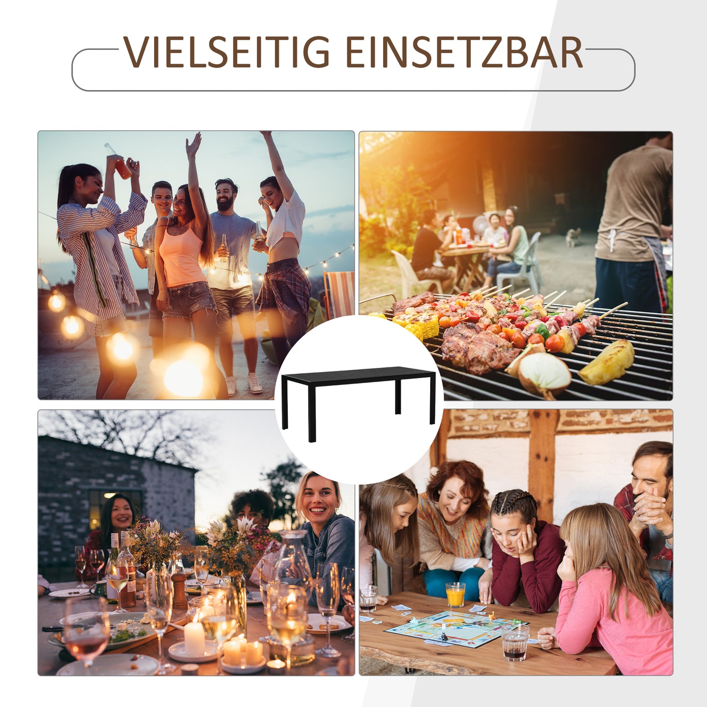 Outsunny Gartentisch Kunststoff 190 x 84,5 x 72 cm Wetterfest, Holz Optik, Holzstrukur, rutschfest Buffettisch Campingtisch Balkontisch Terrassentisch Outdoor Esstisch für Garten, Balkon Schwarz