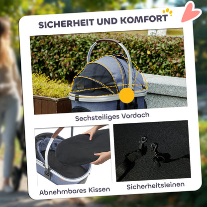 PawHut Hundewagen 3 in 1 Hundebuggy klappbar für Katzen bis 10 kg Katzenbuggy mit Kissen Becherhalter Dunkelblau