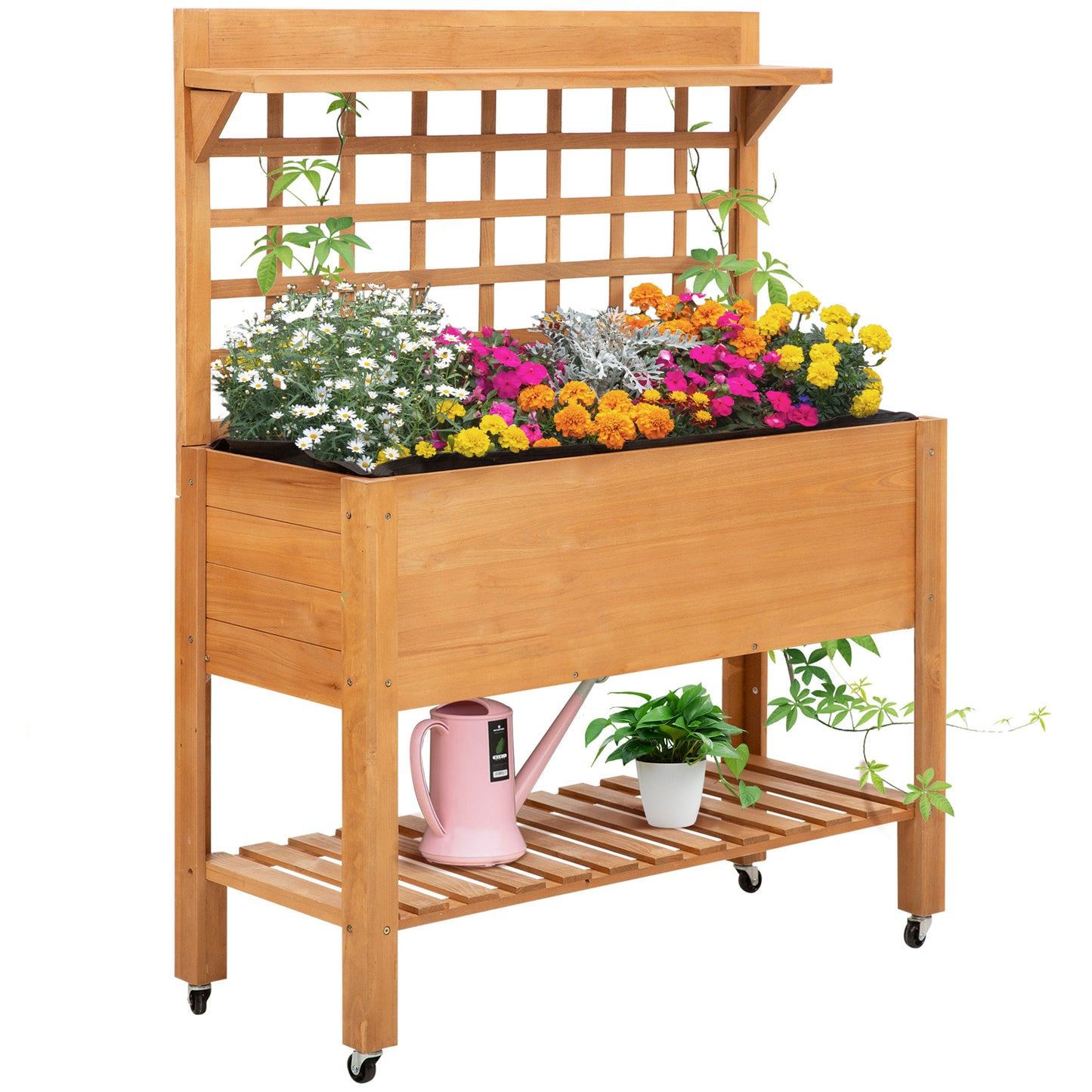 Outsunny Hochbeet Pflanztisch Blumentisch Arbeitstisch Gärtnertisch Gewächshaus Holzpflanztisch für Garten Balkon, 105 x 40 x 135 cm, Tanne, nicht gewebter Stoff, Braun