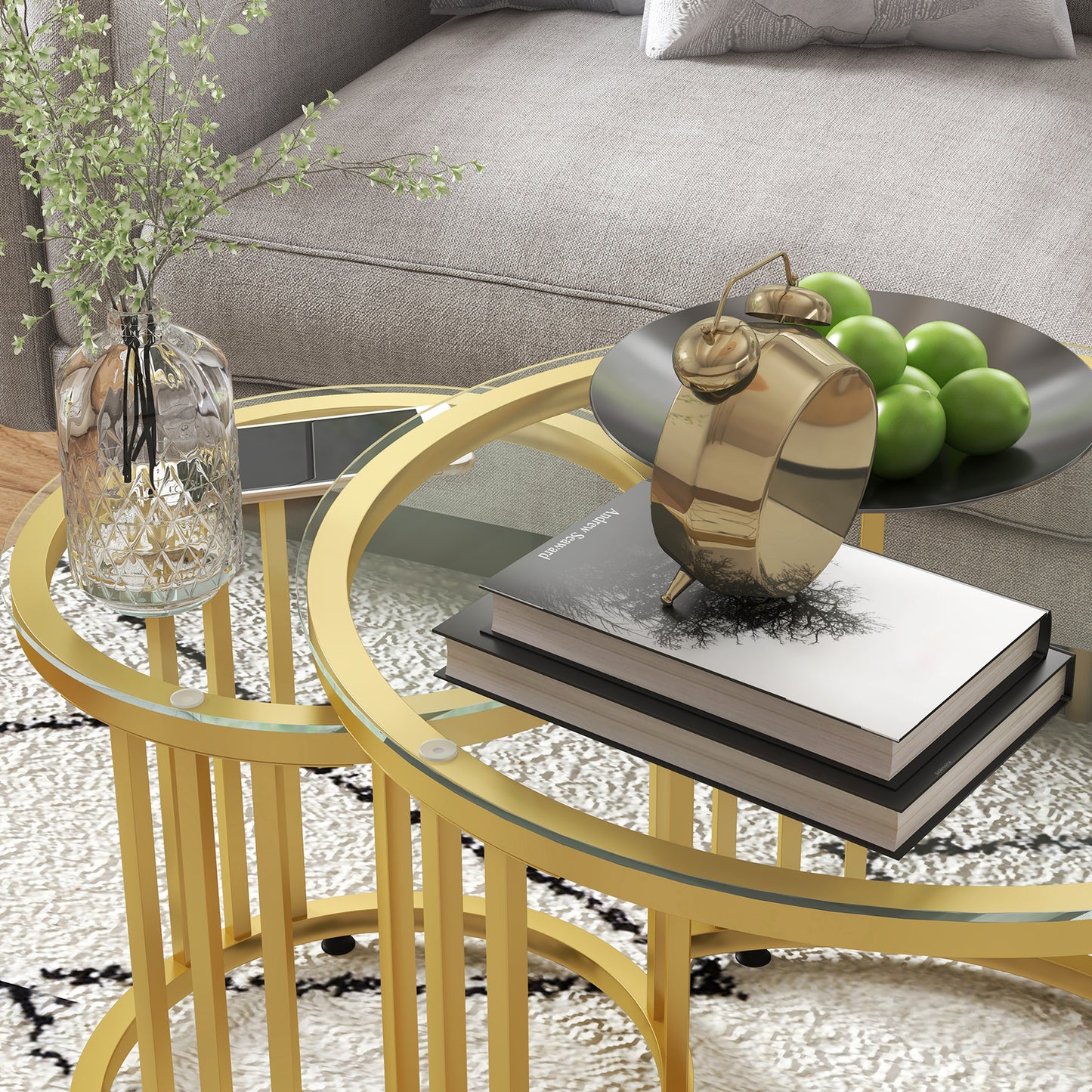 HOMCOM Beistelltisch-Set, 2 Satztische, Karbonstahl, Glasplatte, Ø60x47/Ø40x42 cm, Gold