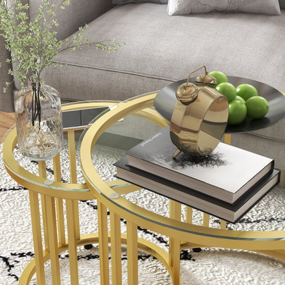 HOMCOM Beistelltisch-Set, 2 Satztische, Karbonstahl, Glasplatte, Ø60x47/Ø40x42 cm, Gold