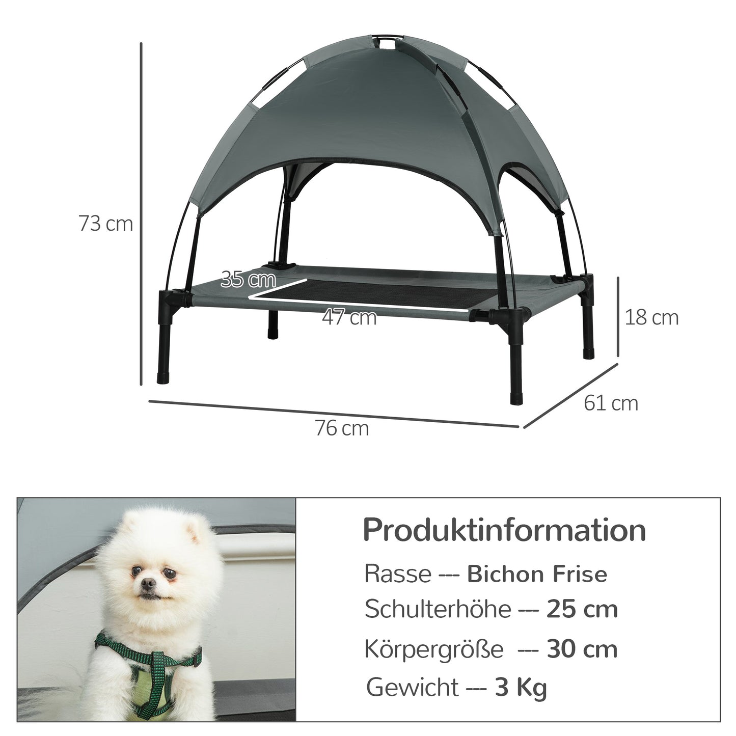PawHut Erhöhtes Hundebett mit Baldachin, Haustierbett, Hundeliege outdoor mit Dach, Atmungsaktiv, Taftstoff für Camping Grau 76 x 61 x 73 cm