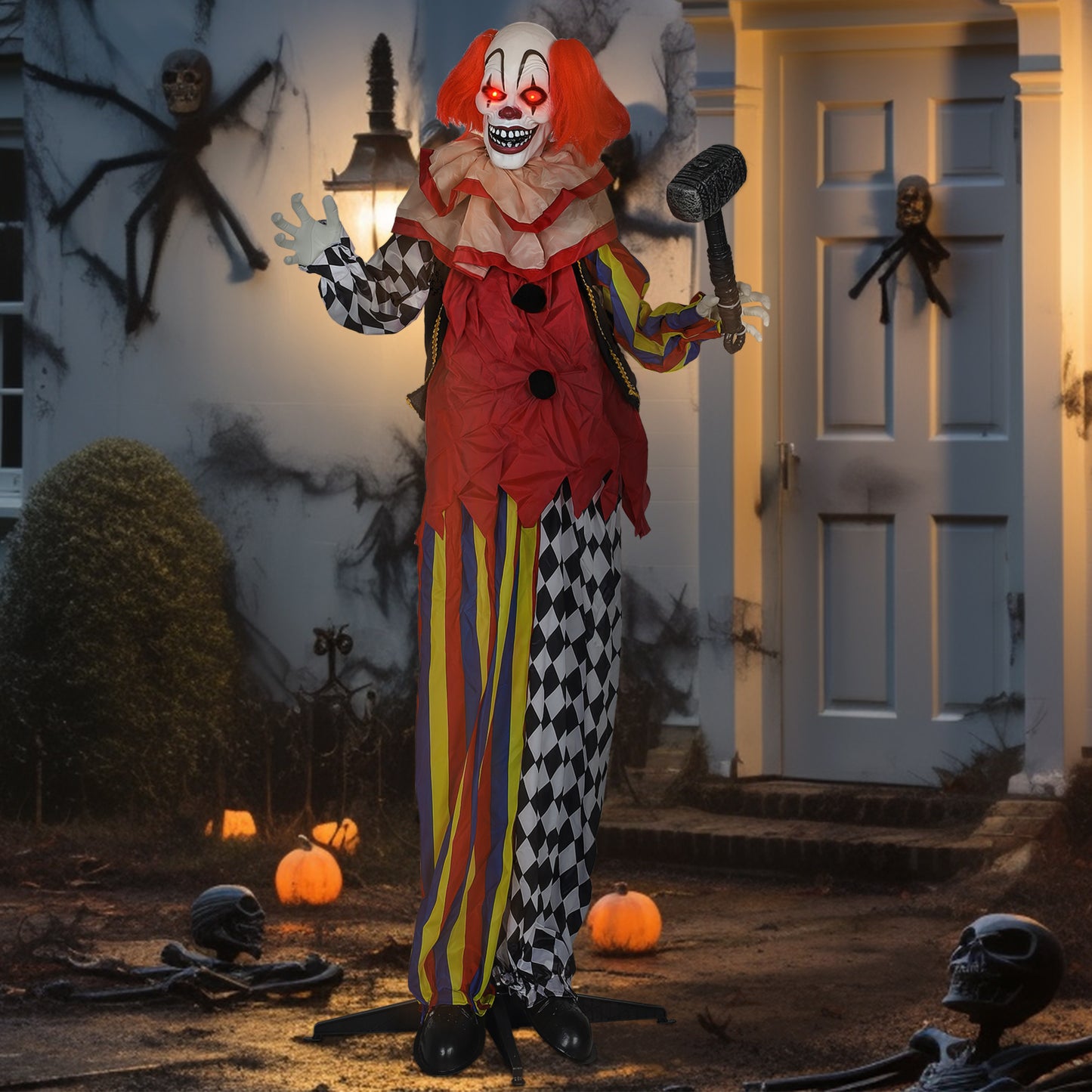Outsunny Grusel-Clown, Halloween-Animatronik, 173 cm, leuchtende Augen, Geräusch-Aktivierung, bewegliche Arme und Kopf, Batteriebetrieb, Kunststoff, Metall, Rot