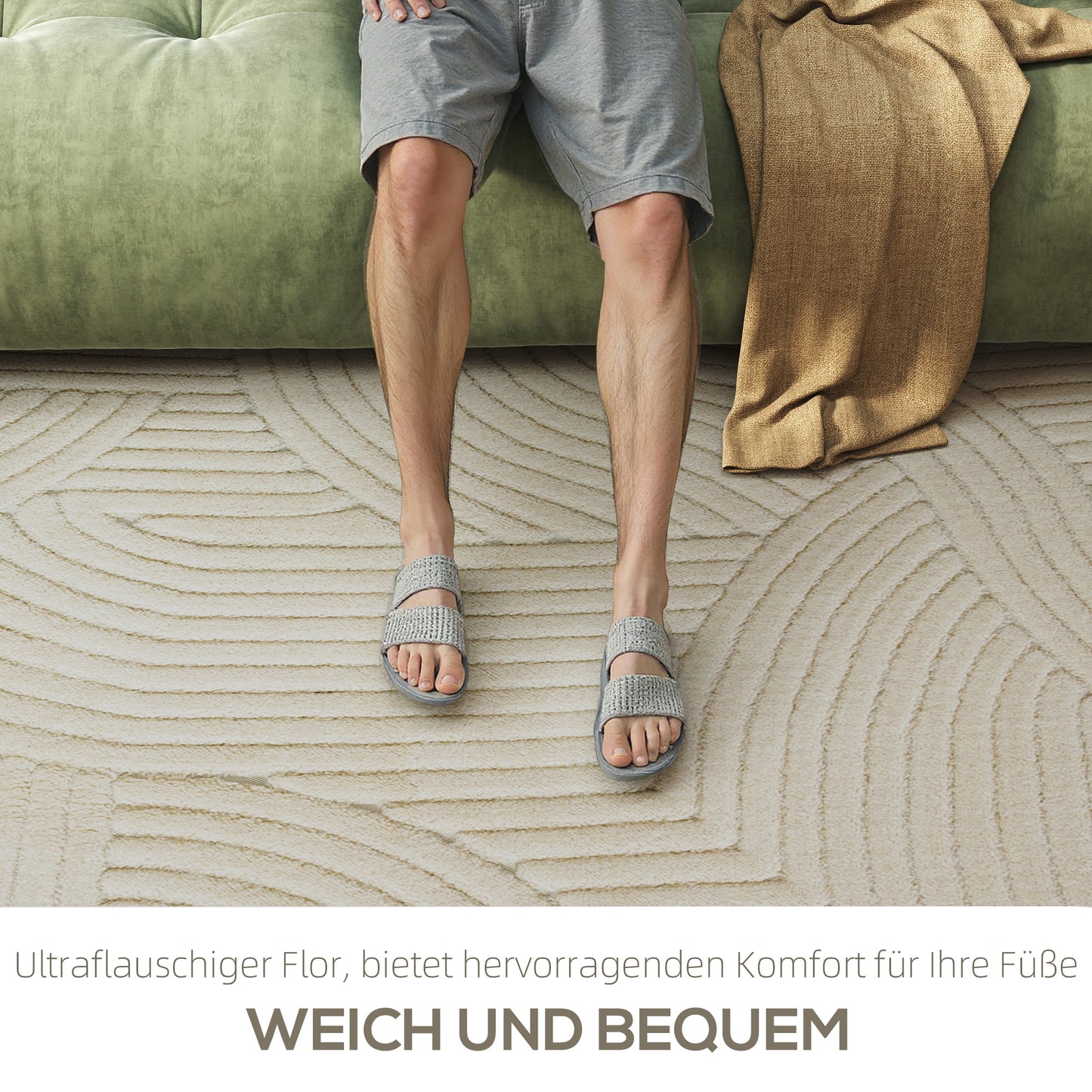 HOMCOM Maschinengewebter Teppich, 15 mm hoch, vielseitig einsetzbar, rutschfest, Cremeweiß