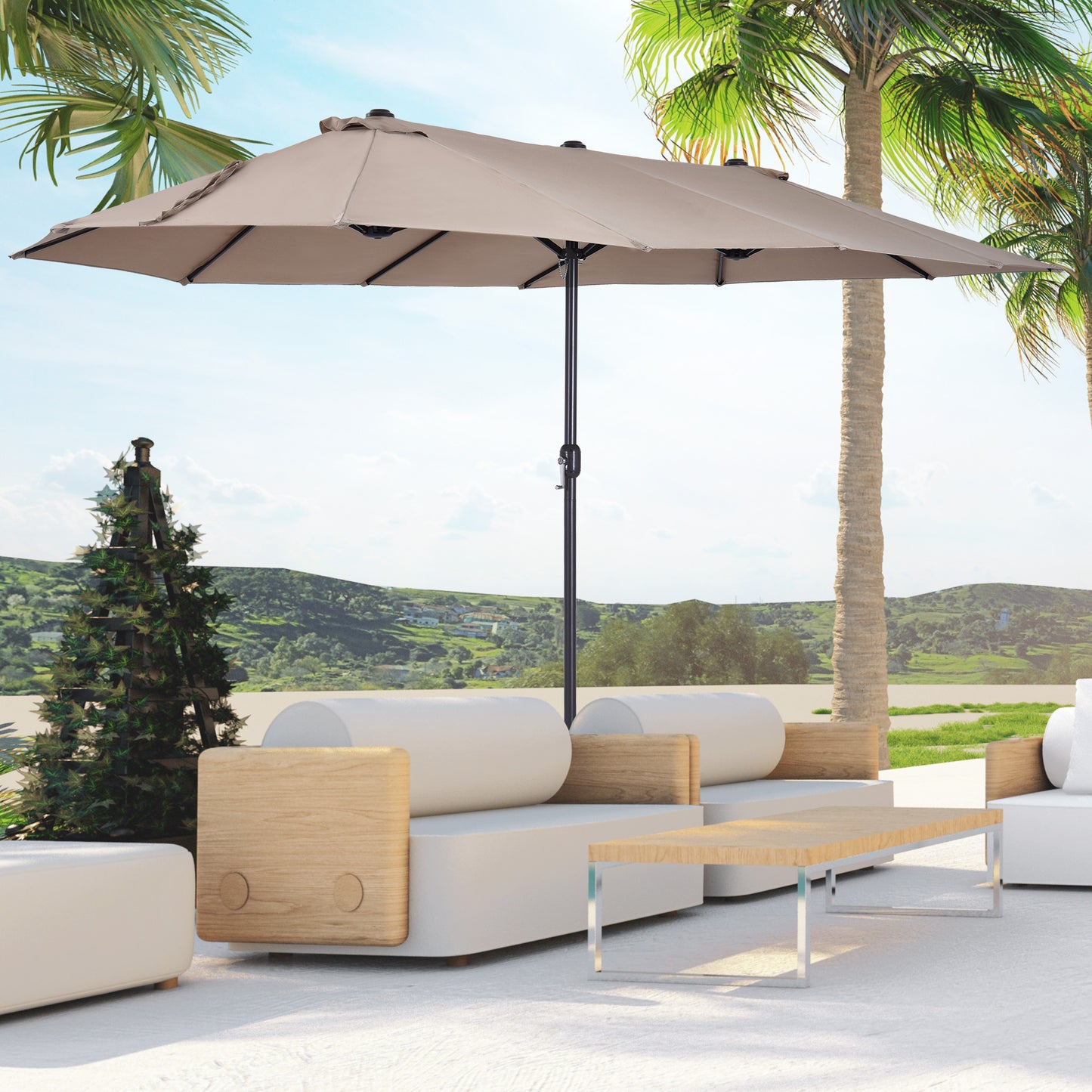 Outsunny Doppelsonnenschirm 455 x 270 cm Gartenschirm mit Handkurbel oval stabil Metallstange Marktschirm Doppelsonnenschirm Terrassenschirm Sonnenschutz für Strand Balkon Terrasse Garten Hellkaffee