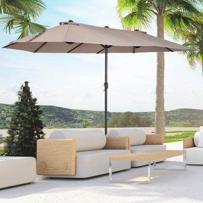Outsunny Doppelsonnenschirm 455 x 270 cm Gartenschirm mit Handkurbel oval stabil Metallstange Marktschirm Doppelsonnenschirm Terrassenschirm Sonnenschutz für Strand Balkon Terrasse Garten Hellkaffee