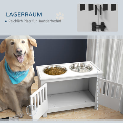PawHut Erhöhte Futterstation für große Hunde, 2 Edelstahlnäpfe, Stauraum, 35,5x60x30 cm, Weiß