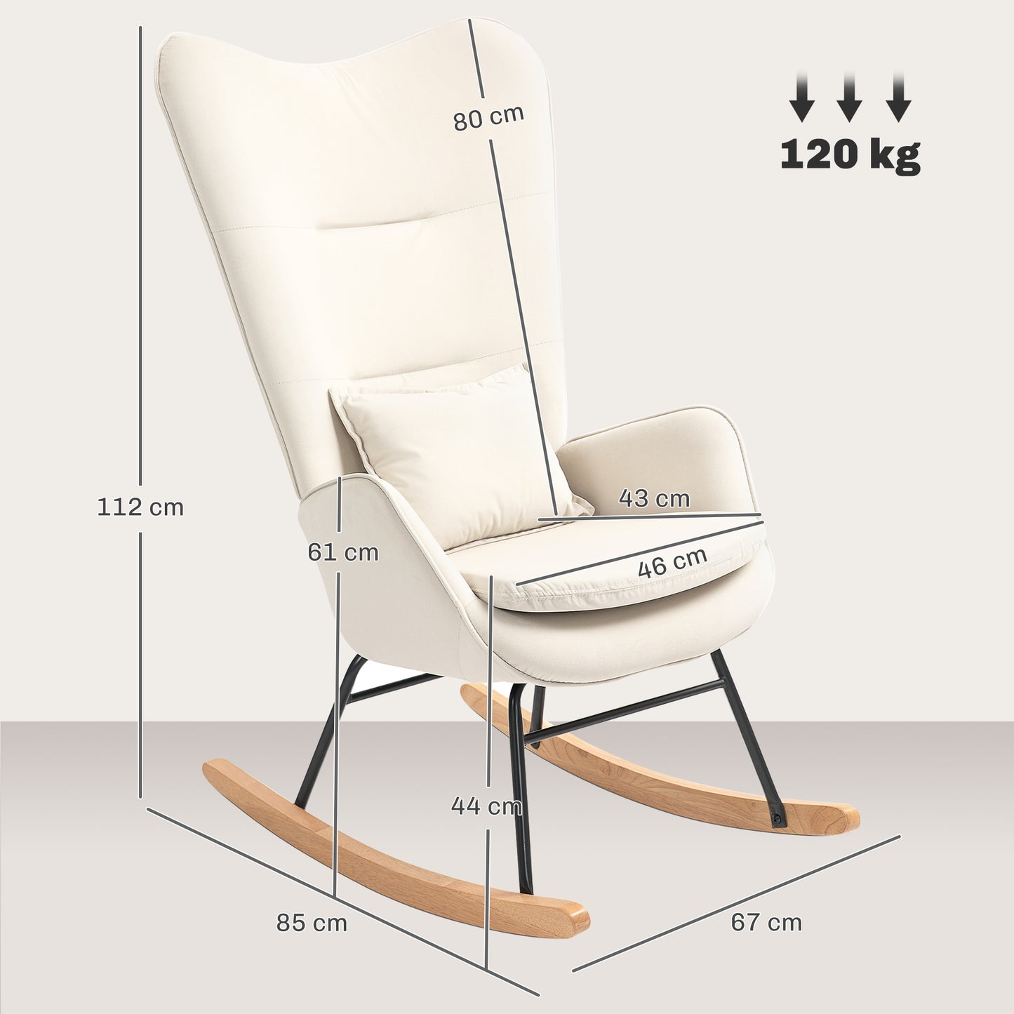HOMCOM Schaukelstuhl, weicher Bezug in Samtoptik, mit Lendenkissen, bis 120 kg belastbar, 67 x 85 x 112 cm, Cremeweiß