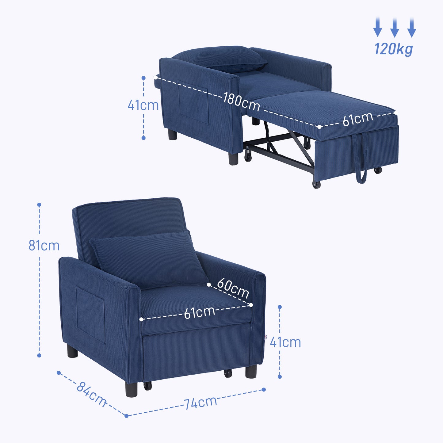 HOMCOM Schlafsessel, verstellbar, 3 Positionen, Cordbezug, bis 120 kg, Blau