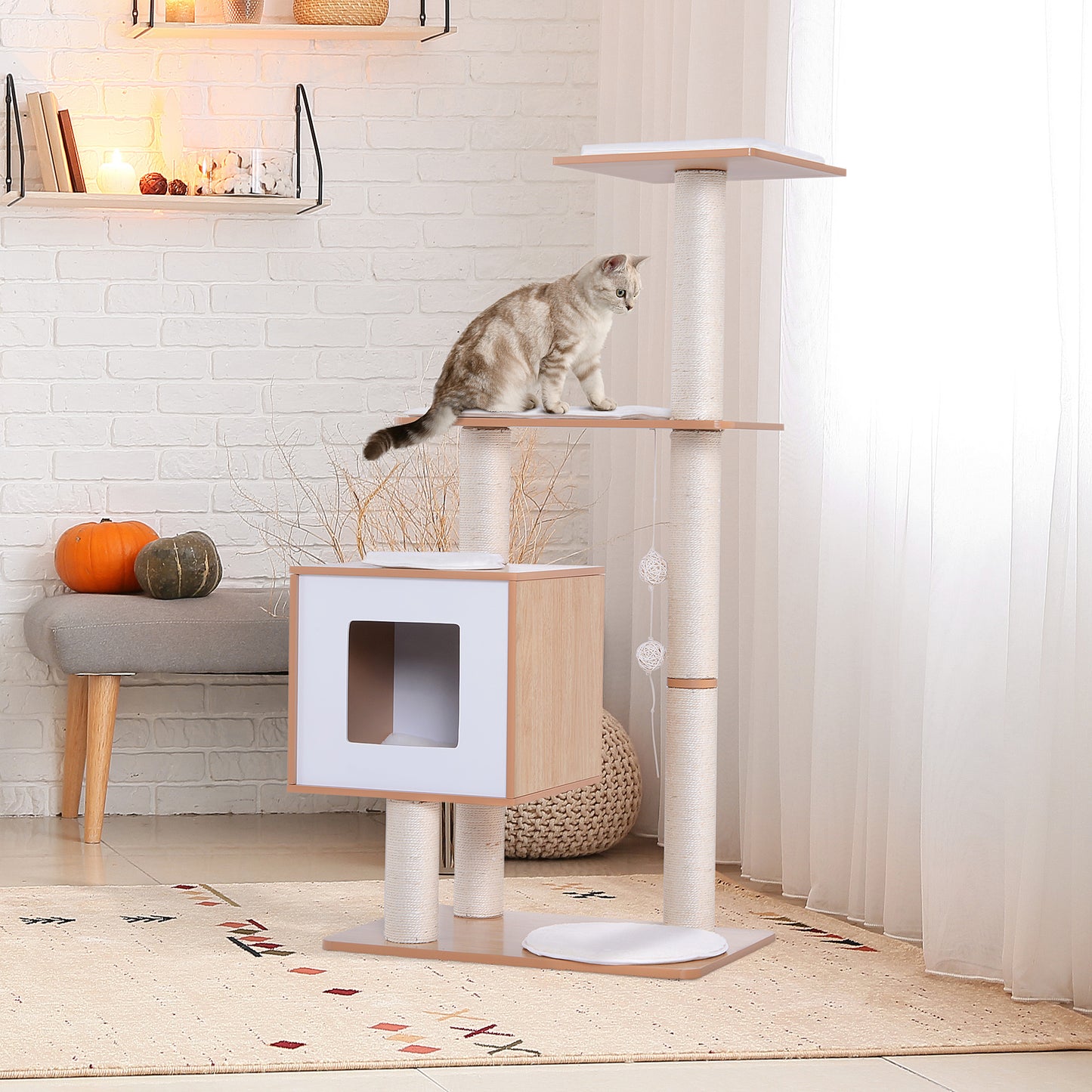 PawHut Katzenkratzbaum Katzenbaum Katzenspielzeug Kletterbaum Sisal Polster Liegefläche mit Ball Natur 71,5 x 49,5 x 120 cm