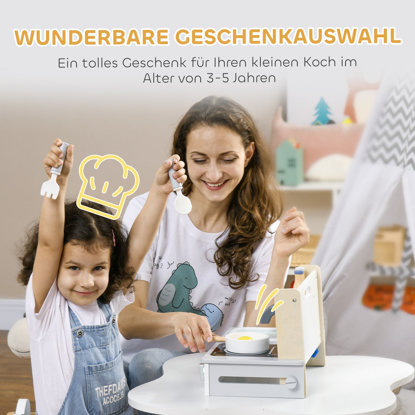 AIYAPLAY Kinderküchen-Set, 10-teilig, mit Gewürzflaschen, Topf, Ei, Fisch, 36x21,5x25 cm, Grau/Gelb