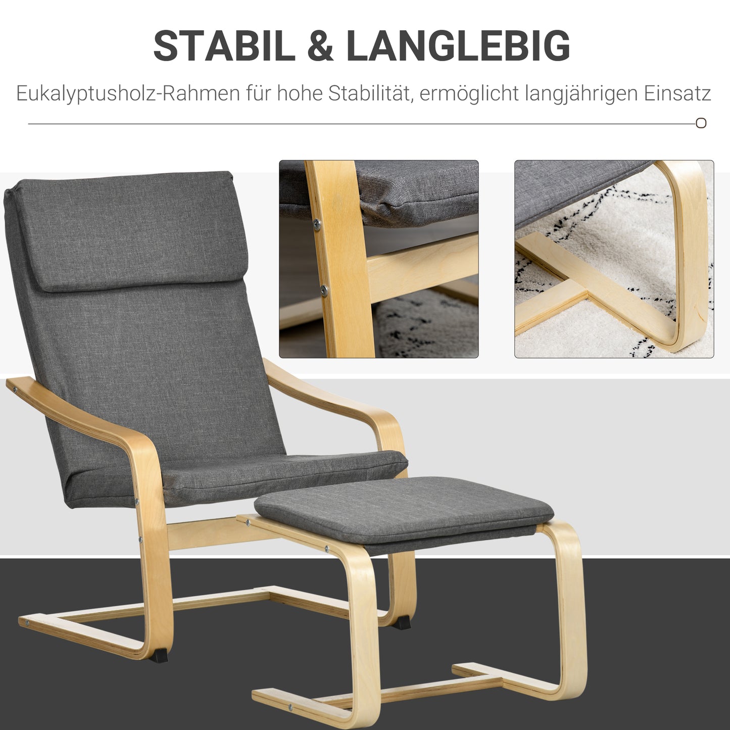 HOMCOM Sessel mit Fußhocker, Sessel-Set, bis 120 kg, Leinenoptik, Massivholz, Grau + Natur, 66,5 x 80 x 99 cm