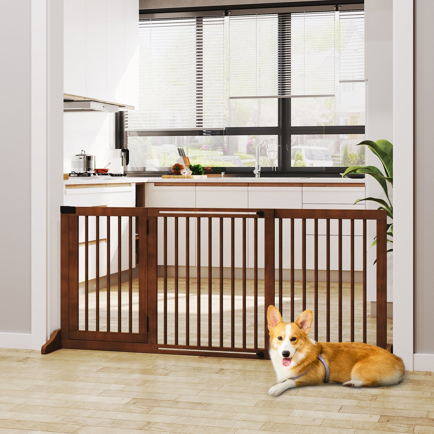 PawHut Absperrgitter Hunde Türschutzgitter Schutzgitter aus Holz Freistehendes Hundegitter mit Tür Hundeabsperrgitter Configurationsgitter for Kamin &amp; Ofen Braun 113-166 x 36 x 71 سم