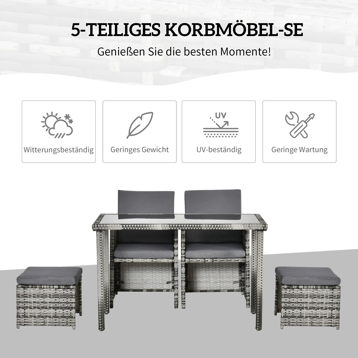 Outsunny Polyrattan Sitzgruppe für 4 Personen Essgruppe Gartenset Garnitur mit Kissen, Grau